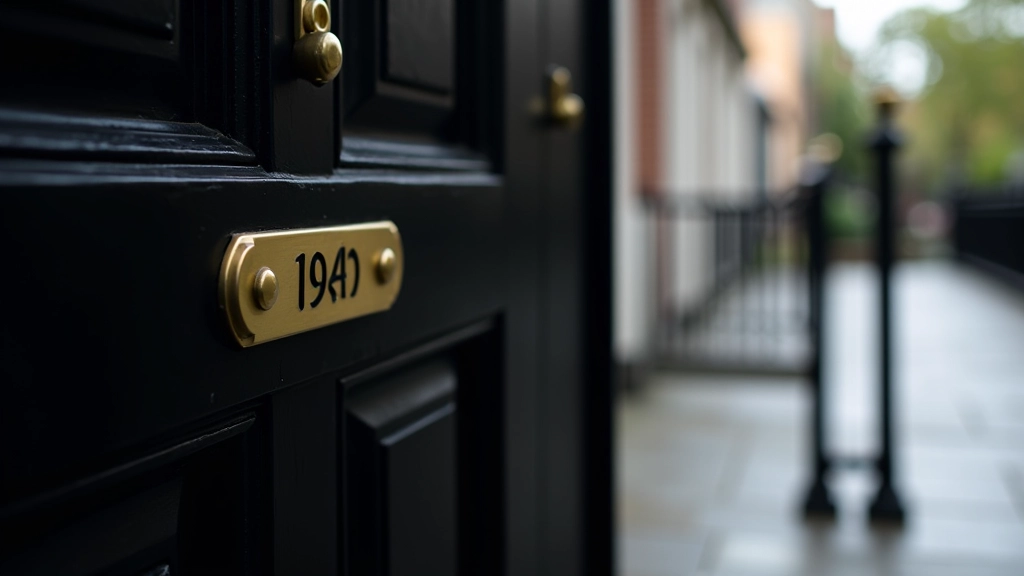 Victorian door detail, brass number plate, black painted door frame, period hardware, period railings, stone pavement
