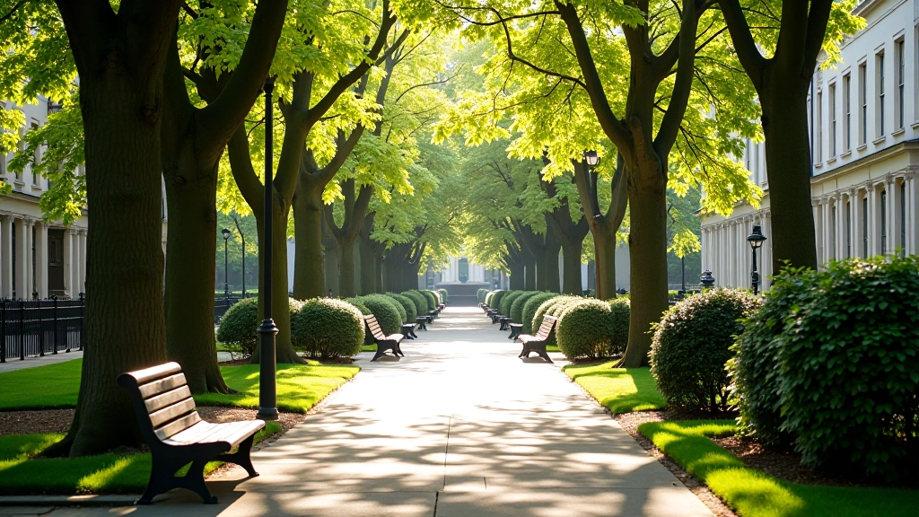 Serene Dublin park with tree-lined pathways, Georgian architecture in background, peaceful afternoon light