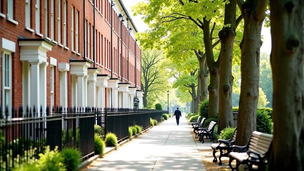 Fitzwilliam Place street view with elegant Georgian townhouses, tree-lined walkway, park visible in distance
