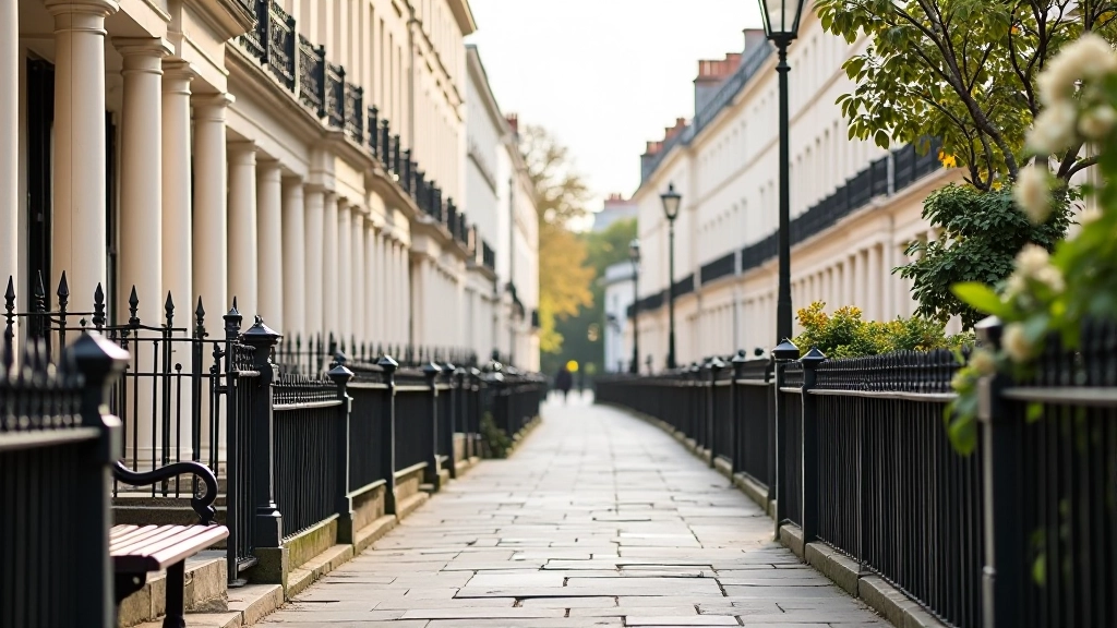 Fitzwilliam Place residential street with elegant Georgian townhouses, period railings and steps, quiet street atmosphere