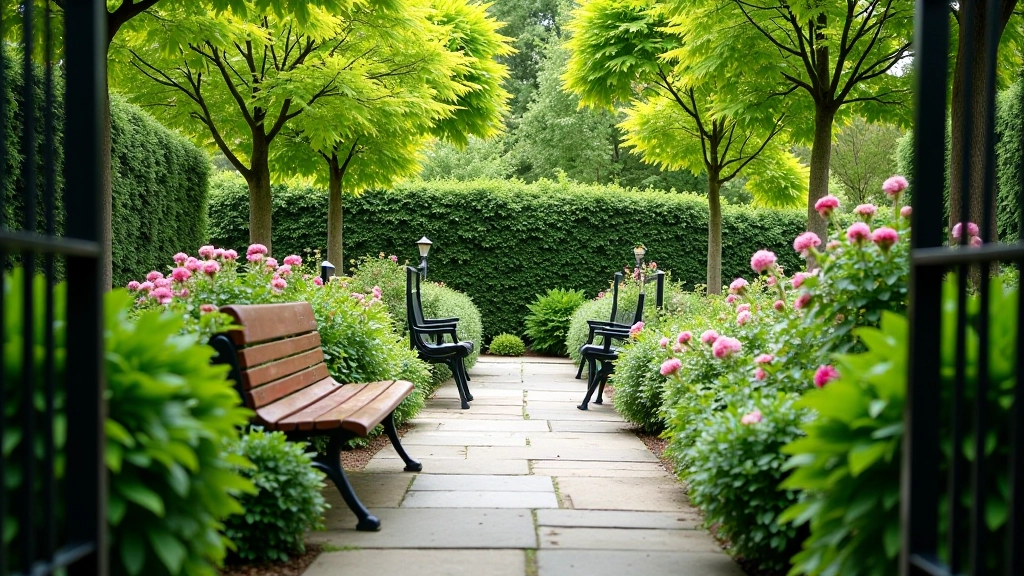 Private garden visible through black railings, flowering plants, green foliage, mature trees, peaceful Georgian square garden view
