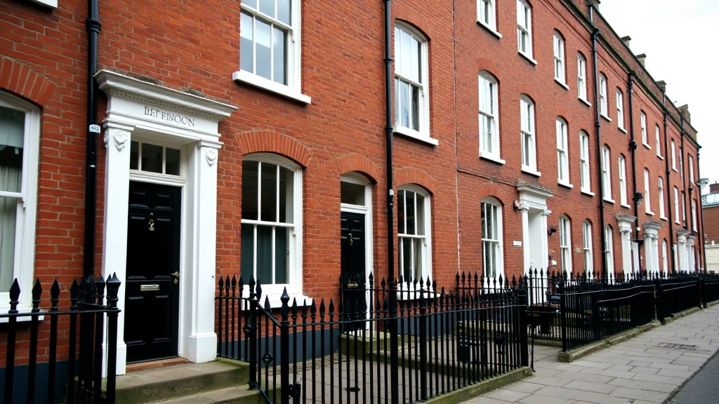 Close-up of Georgian townhouse facade showing red brick, tall sash windows, ornate fanlights above black doors, period railings