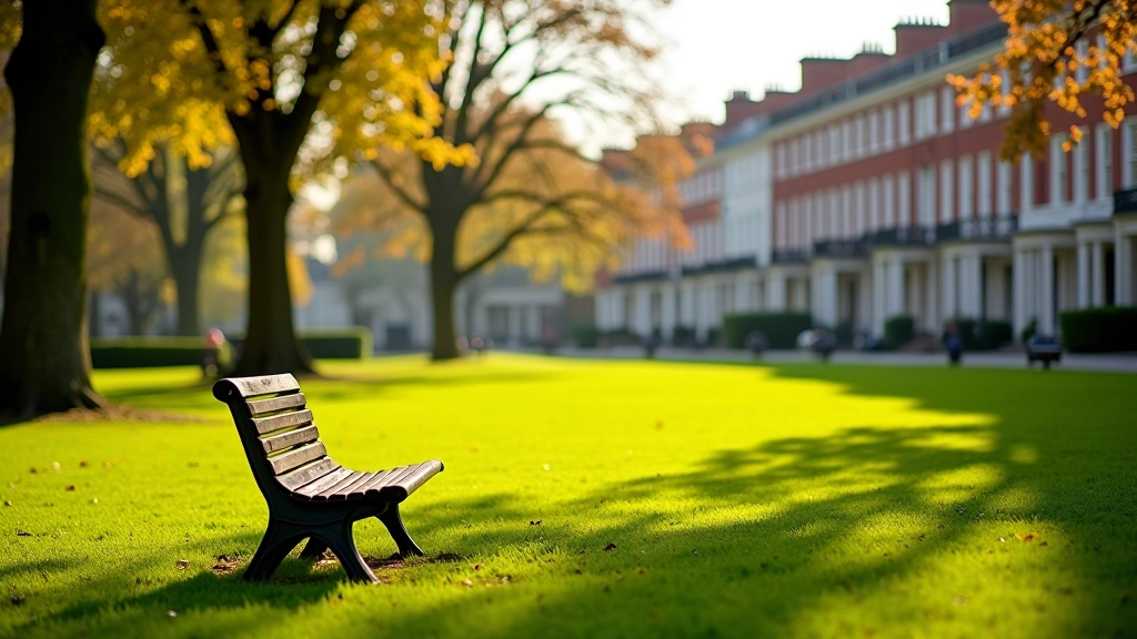 Merrion Square park with manicured gardens, Georgian buildings surrounding the square, autumn light