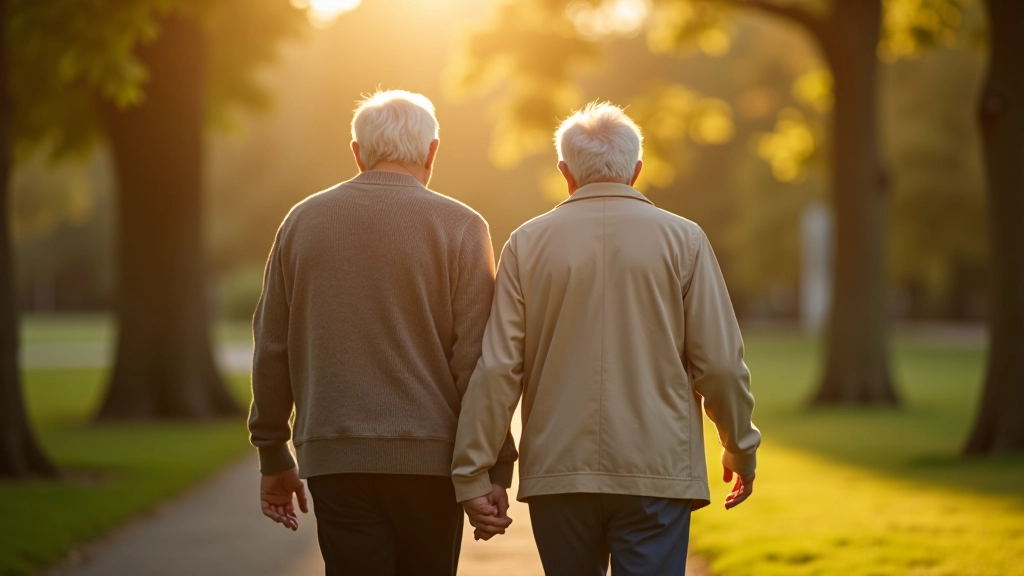 Older couple walking together in peaceful park setting, golden afternoon light, comfortable casual clothing
