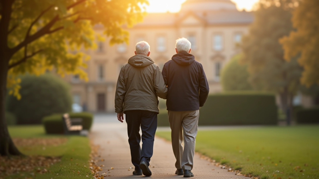 Two older adults walking together in a Dublin park, enjoying a leisurely stroll, Georgian buildings visible