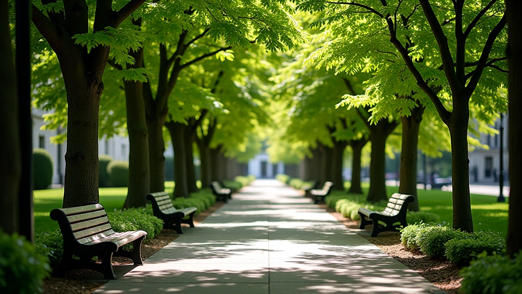 Tree-lined pathway in Dublin square with benches visible, peaceful garden setting