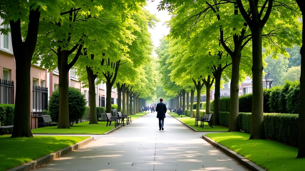 Peaceful walking path in Merrion Square with Georgian architecture visible, tree-lined pathway, morning light