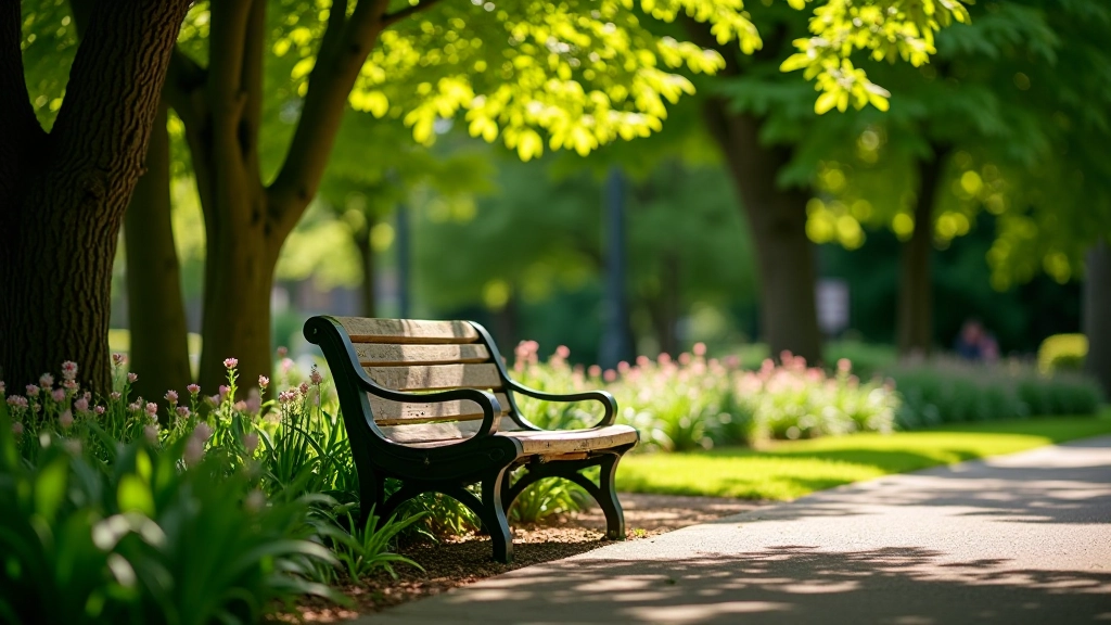 Park bench under shaded trees, peaceful garden setting with flowers, Dublin square in background